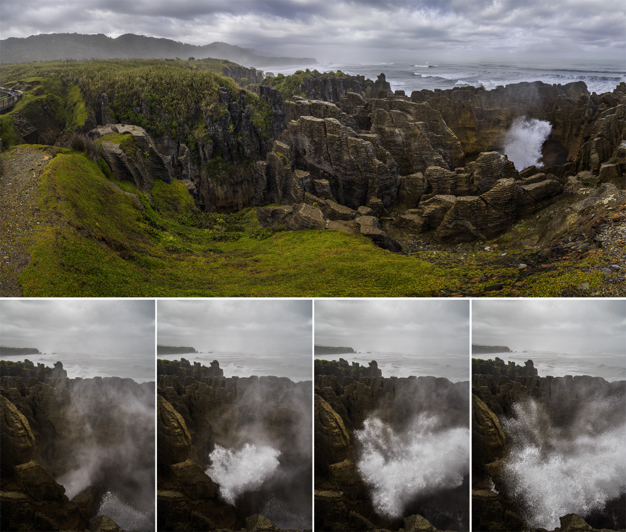     (Pancake Rocks).<br>Putai Blowhole.