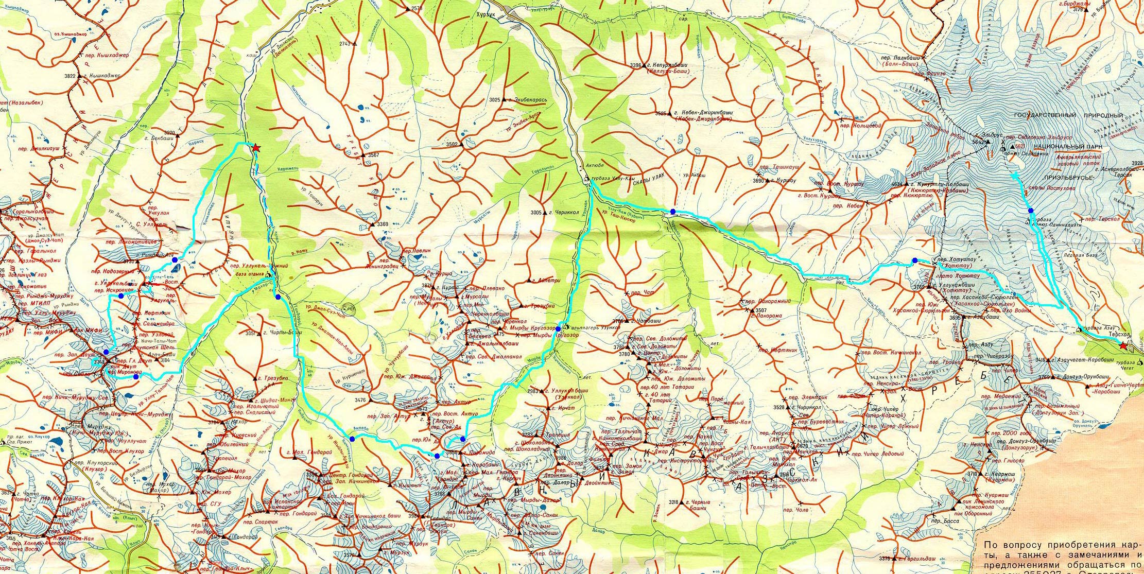 Карта приэльбрусья подробная с маршрутами