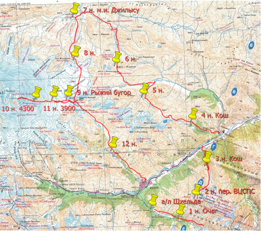 Карта приэльбрусья подробная с маршрутами